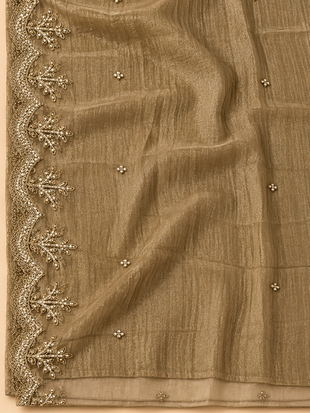 Beige Organza Embroidered Unstitched Dress Material