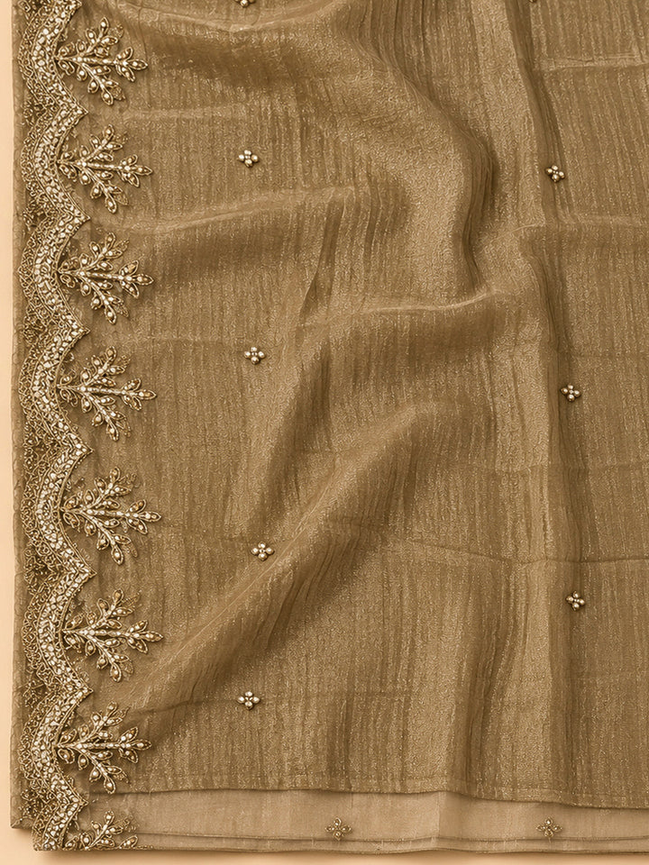 Beige Organza Embroidered Unstitched Dress Material