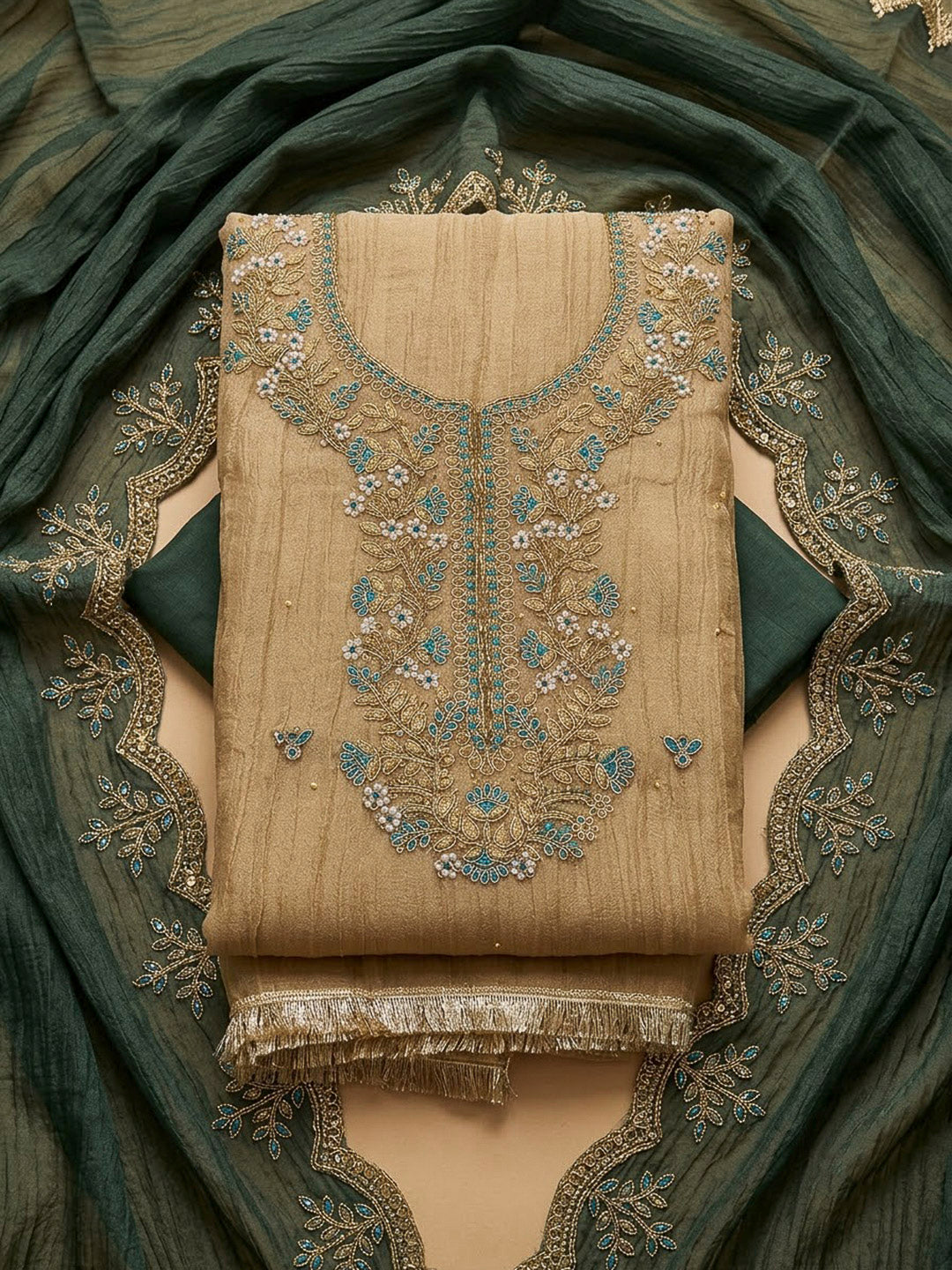 Green Organza Embroidered Unstitched Dress Material