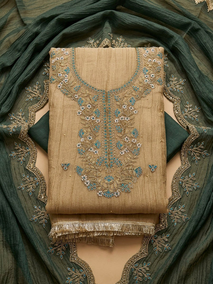 Green Organza Embroidered Unstitched Dress Material