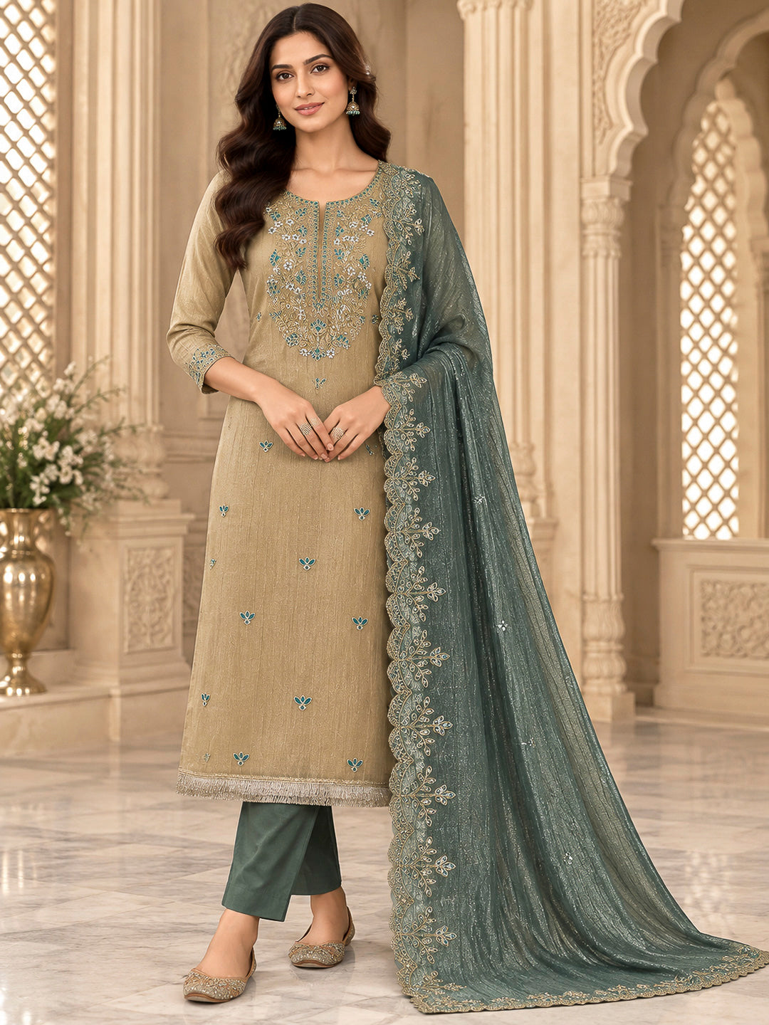 Green Organza Embroidered Unstitched Dress Material
