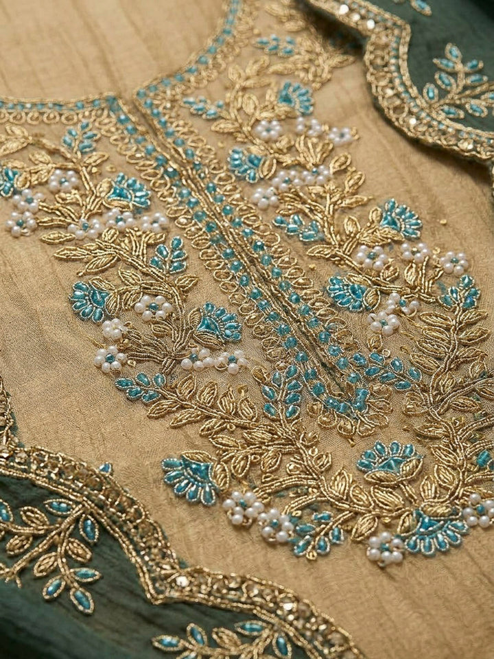 Green Organza Embroidered Unstitched Dress Material
