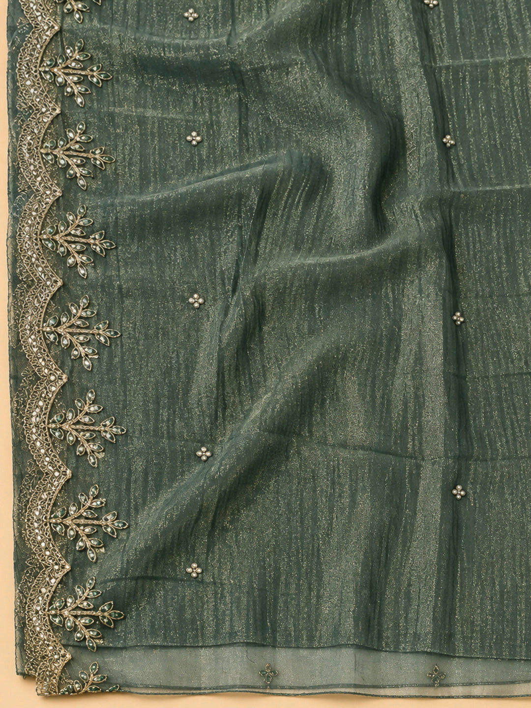 Green Organza Embroidered Unstitched Dress Material