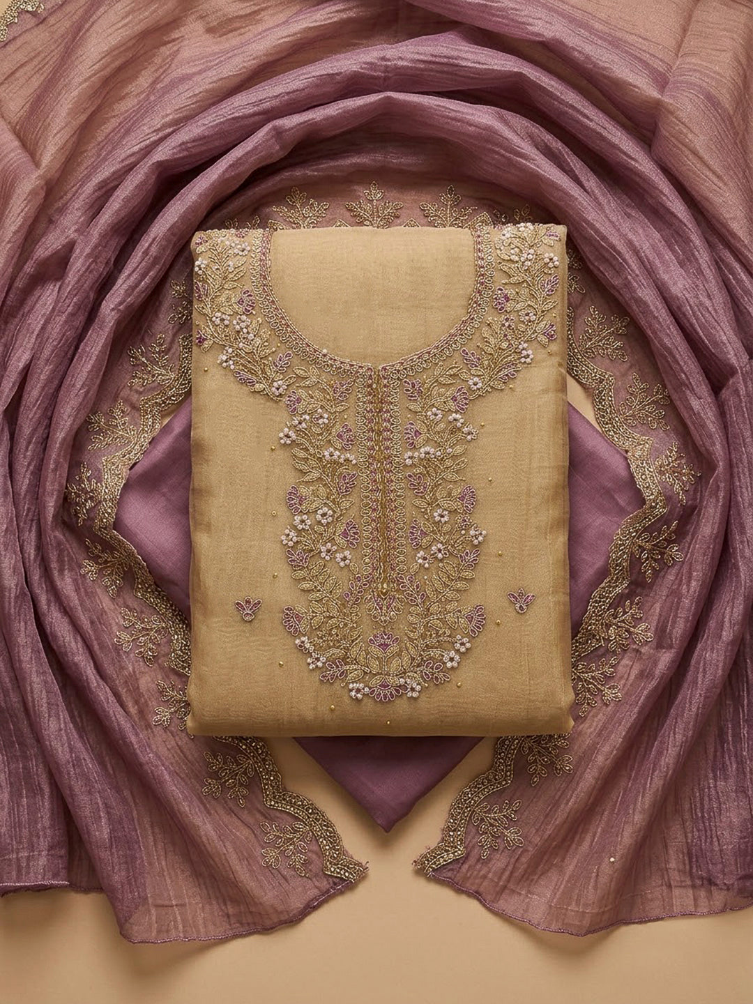 Purple Organza Embroidered Unstitched Dress Material