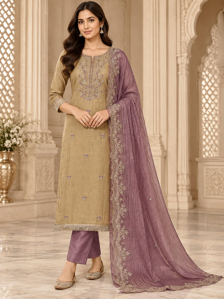 Purple Organza Embroidered Unstitched Dress Material