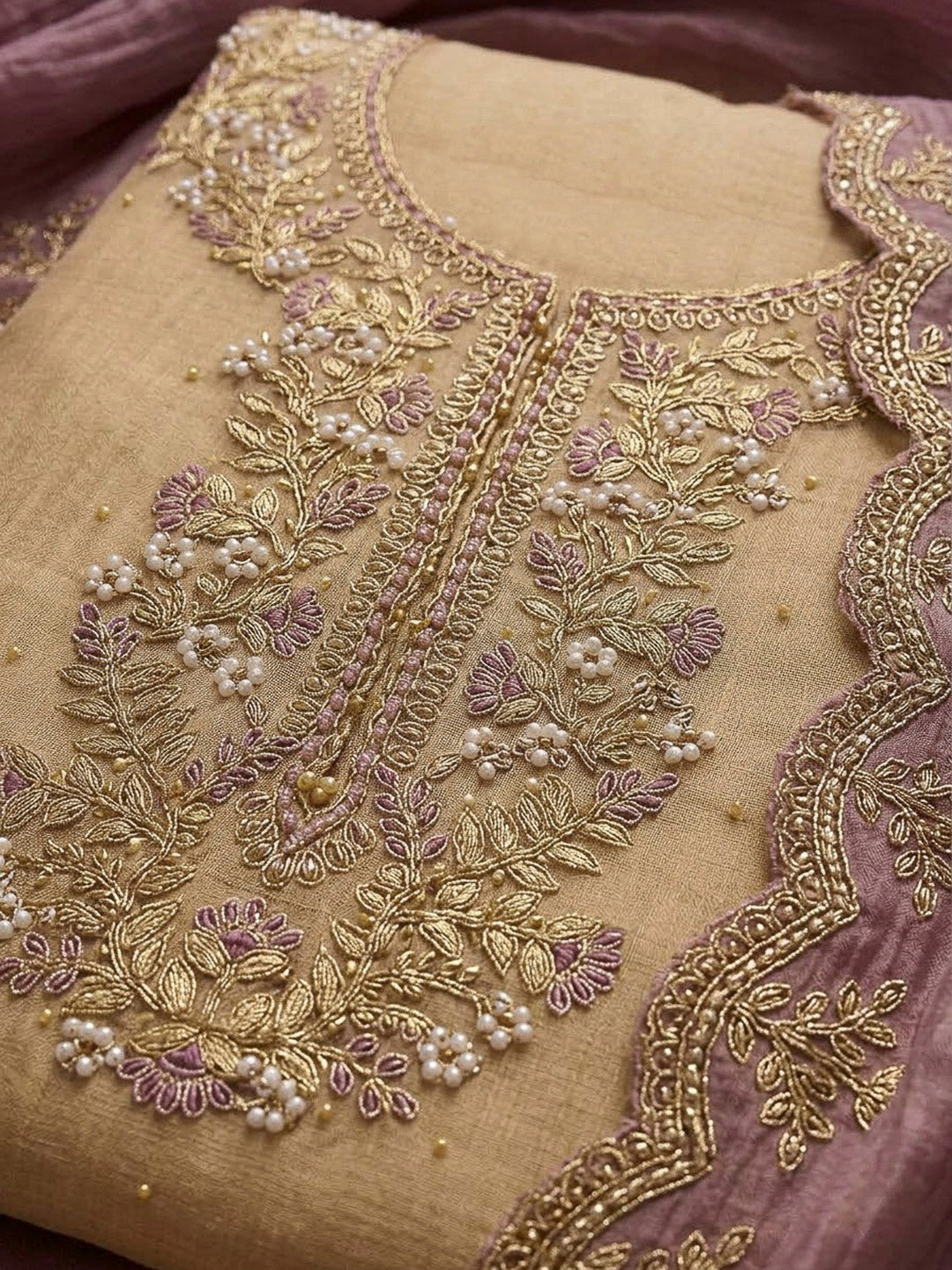 Purple Organza Embroidered Unstitched Dress Material