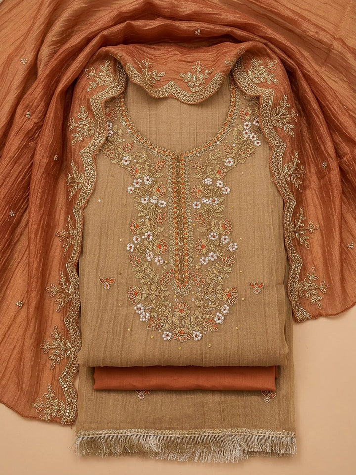 Rust Organza Embroidered Unstitched Dress Material