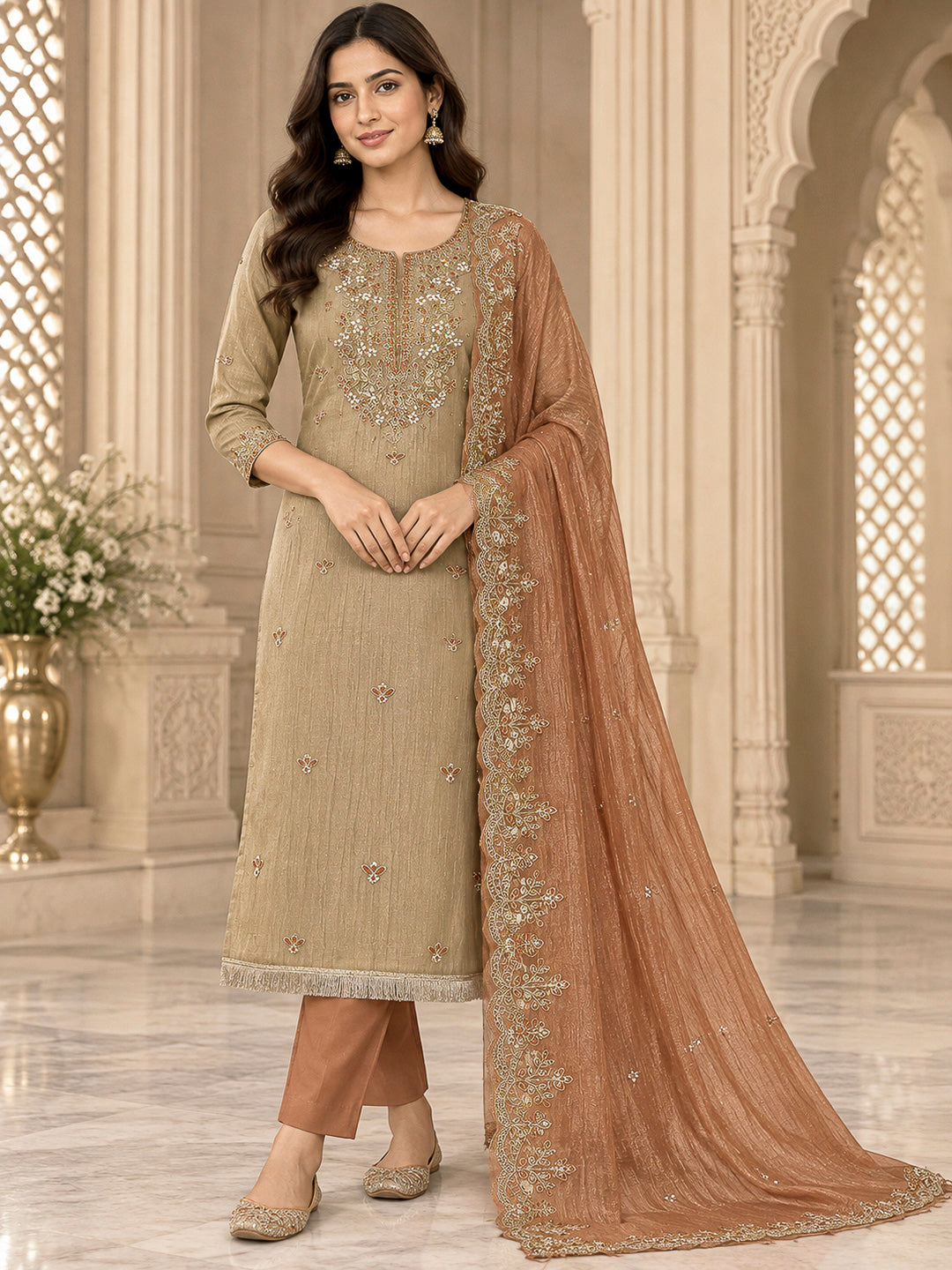 Rust Organza Embroidered Unstitched Dress Material