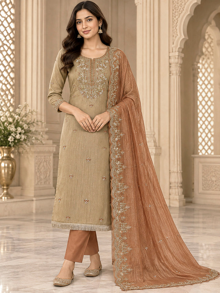 Rust Organza Embroidered Unstitched Dress Material