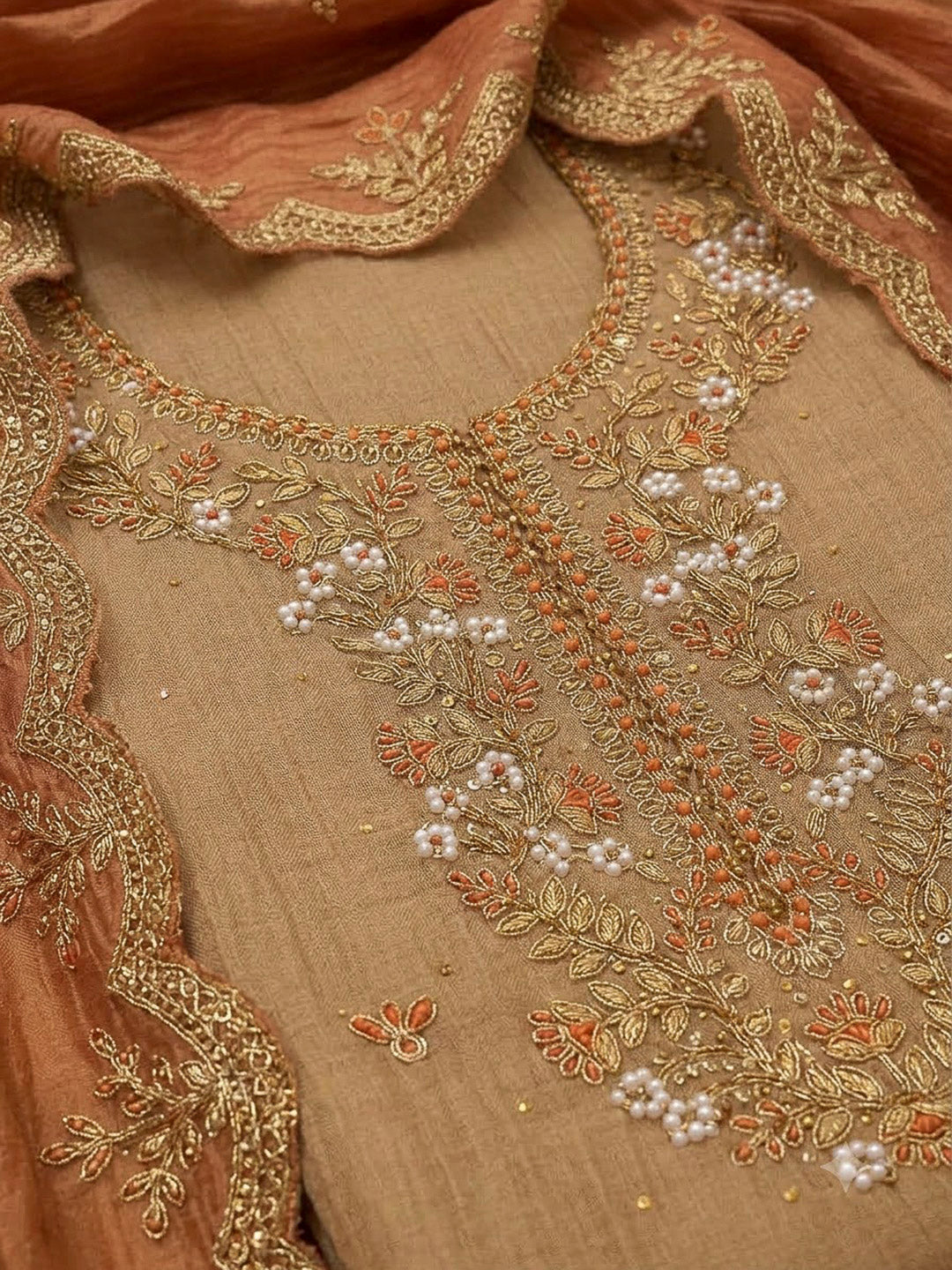 Rust Organza Embroidered Unstitched Dress Material