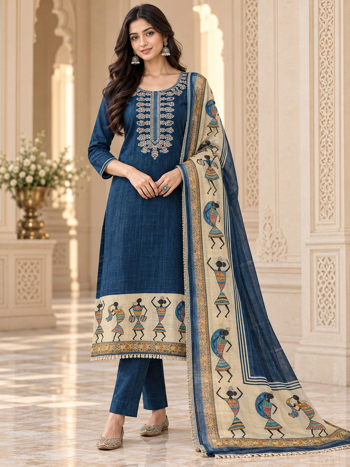 Blue Chanderi Embroidered Unstitched Dress Material