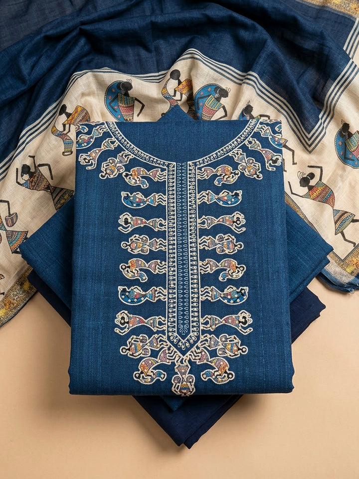 Blue Chanderi Embroidered Unstitched Dress Material