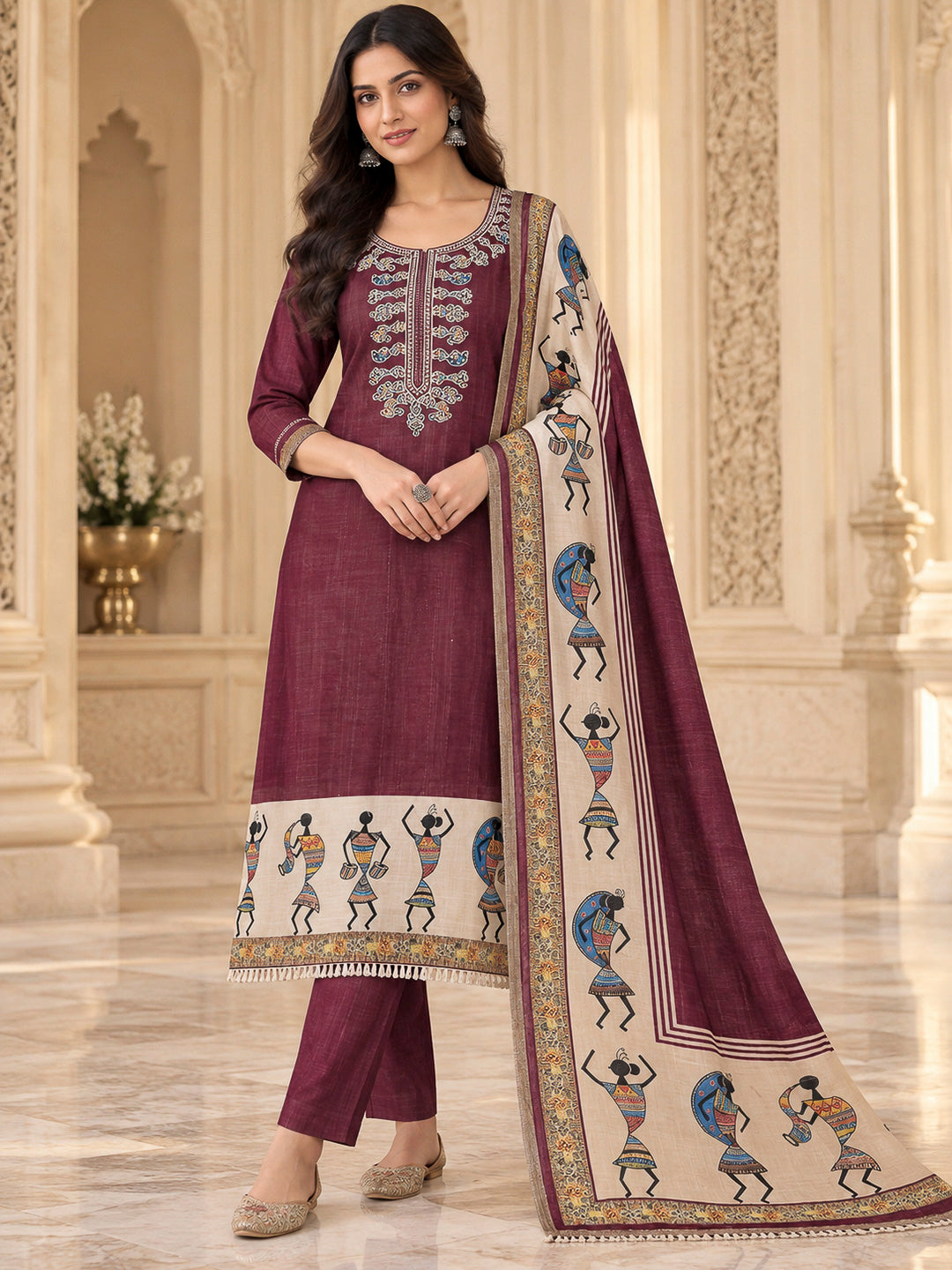 Maroon Chanderi Embroidered Unstitched Dress Material
