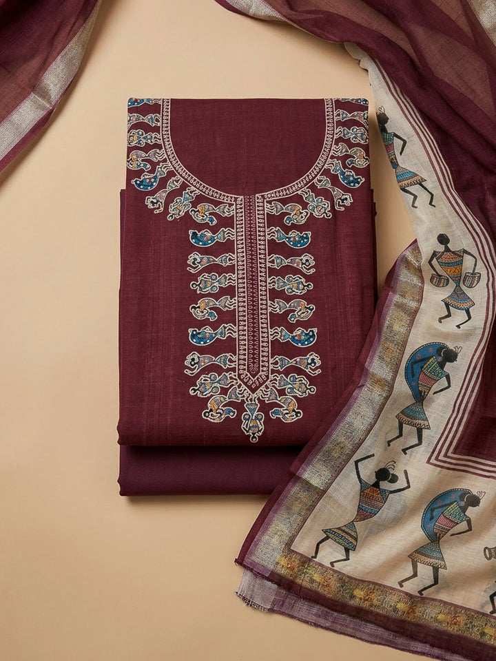 Maroon Chanderi Embroidered Unstitched Dress Material
