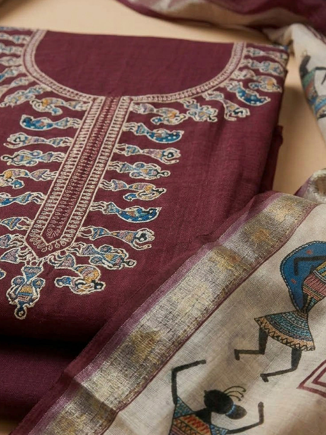 Maroon Chanderi Embroidered Unstitched Dress Material