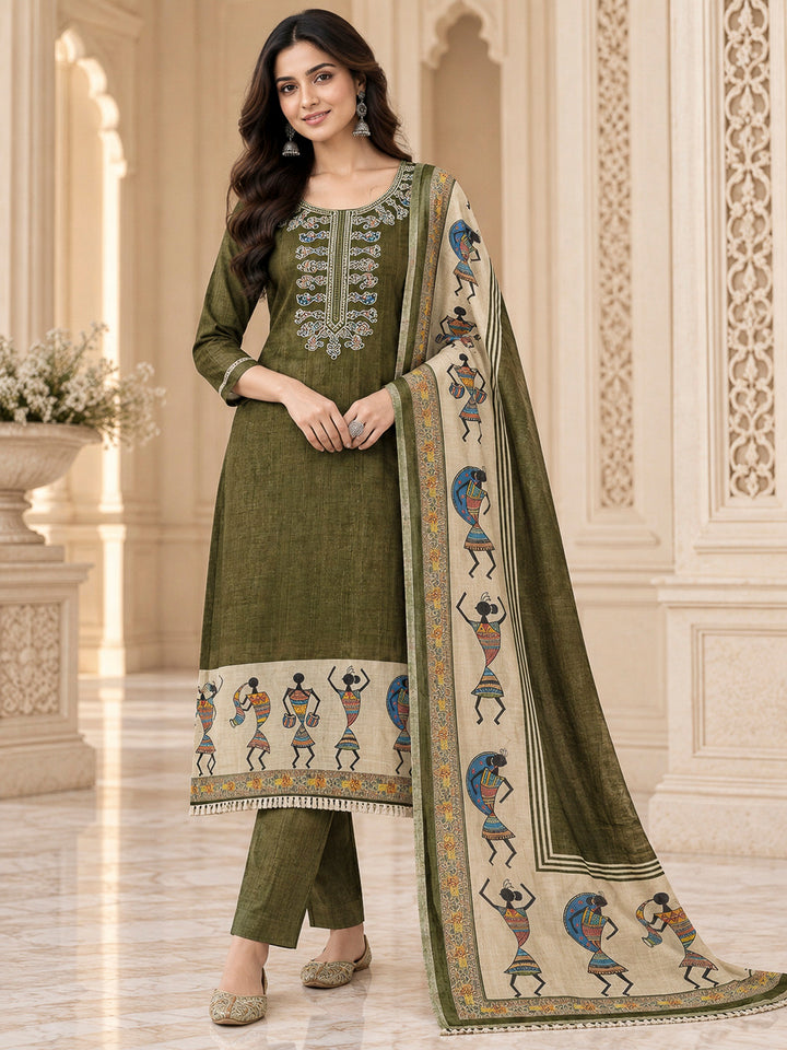 Mehndi Chanderi Embroidered Unstitched Dress Material