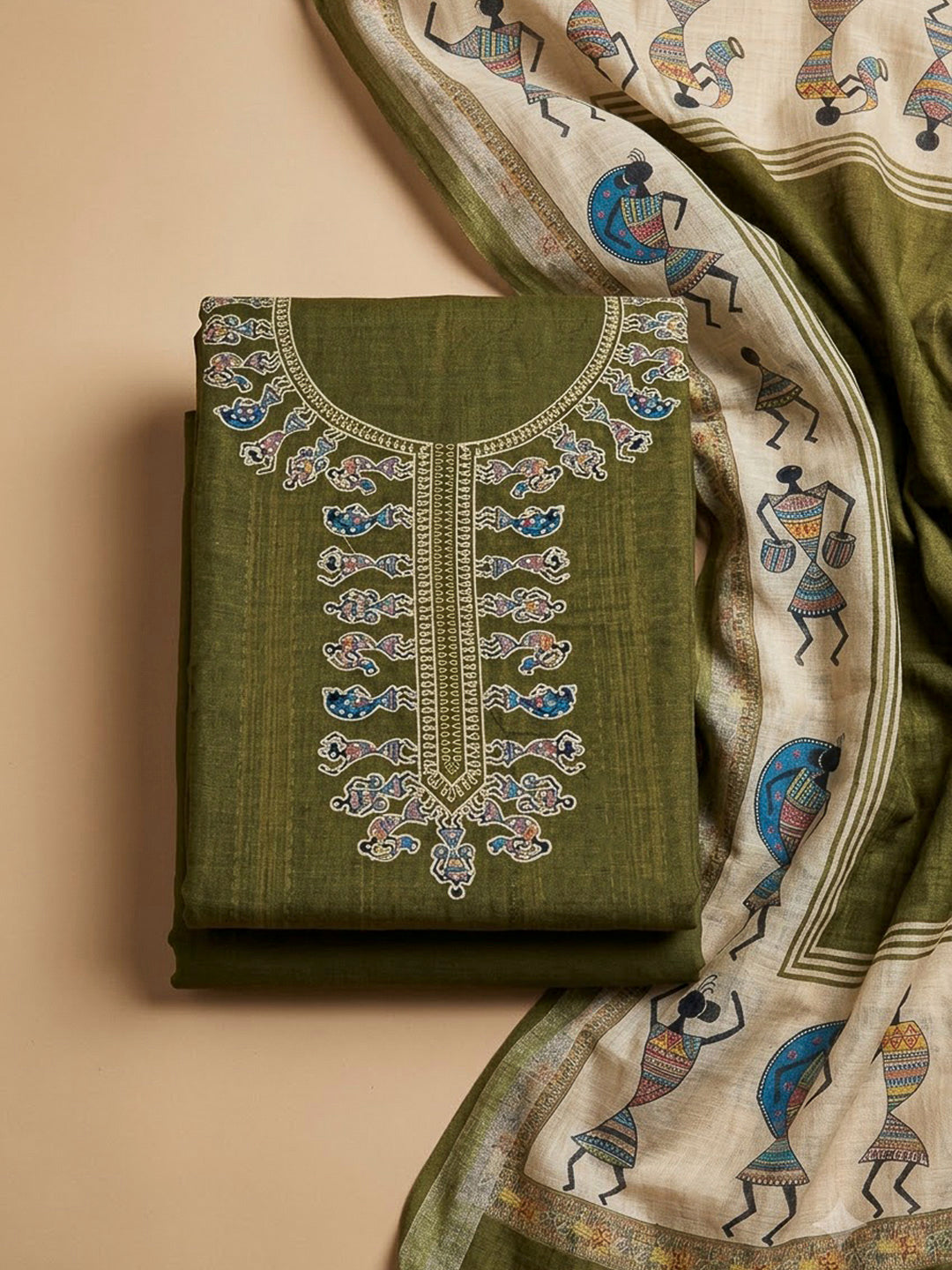Mehndi Chanderi Embroidered Unstitched Dress Material