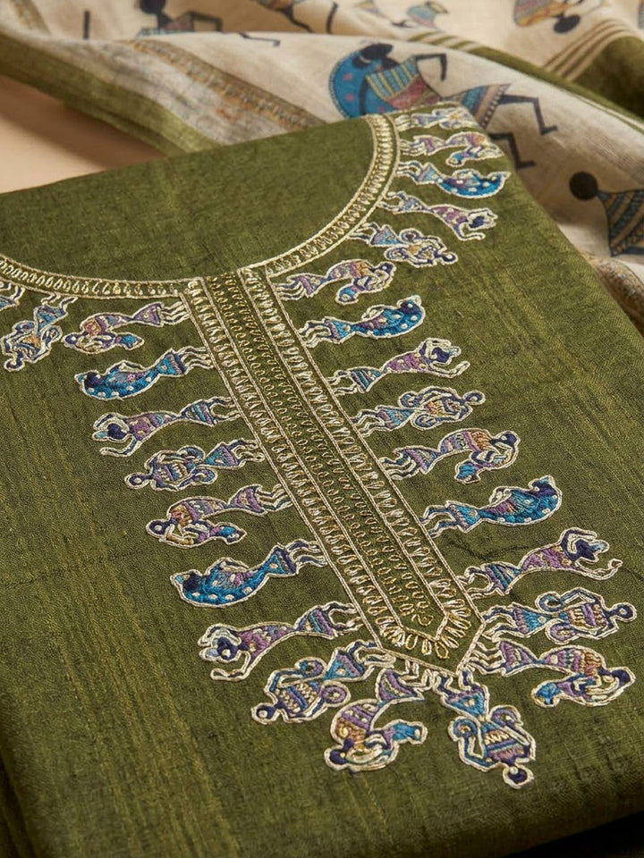 Mehndi Chanderi Embroidered Unstitched Dress Material