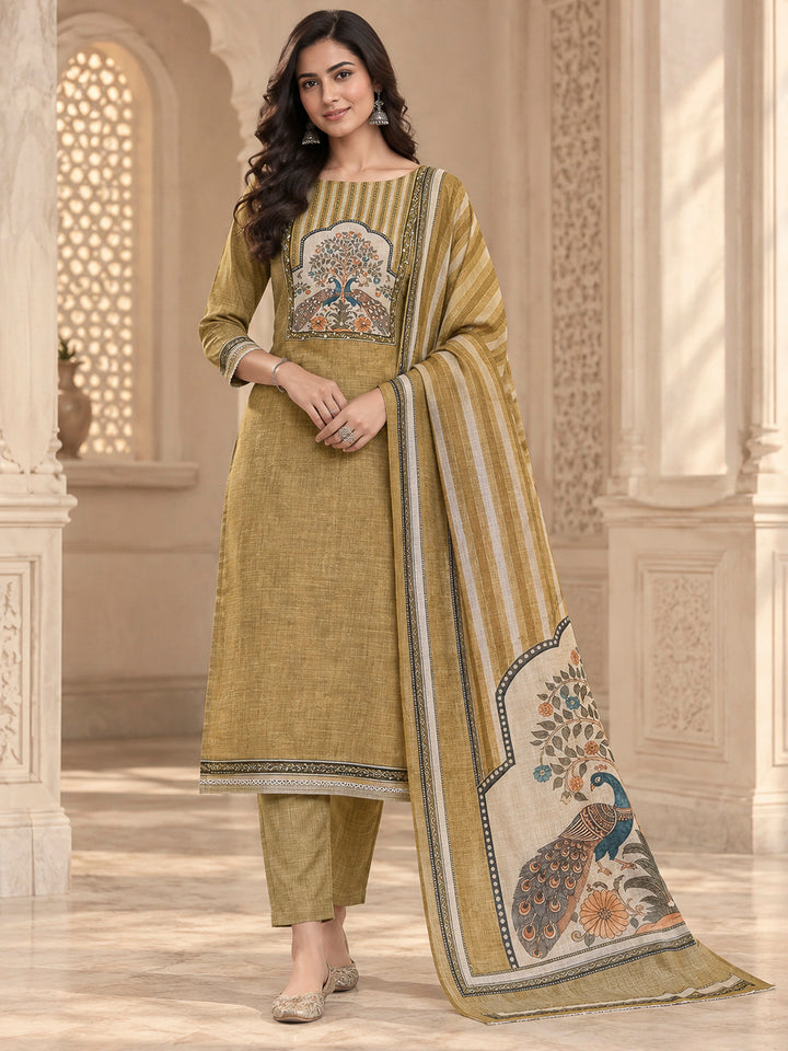 Mehndi Linen Blend Printed Unstitched Dress Material