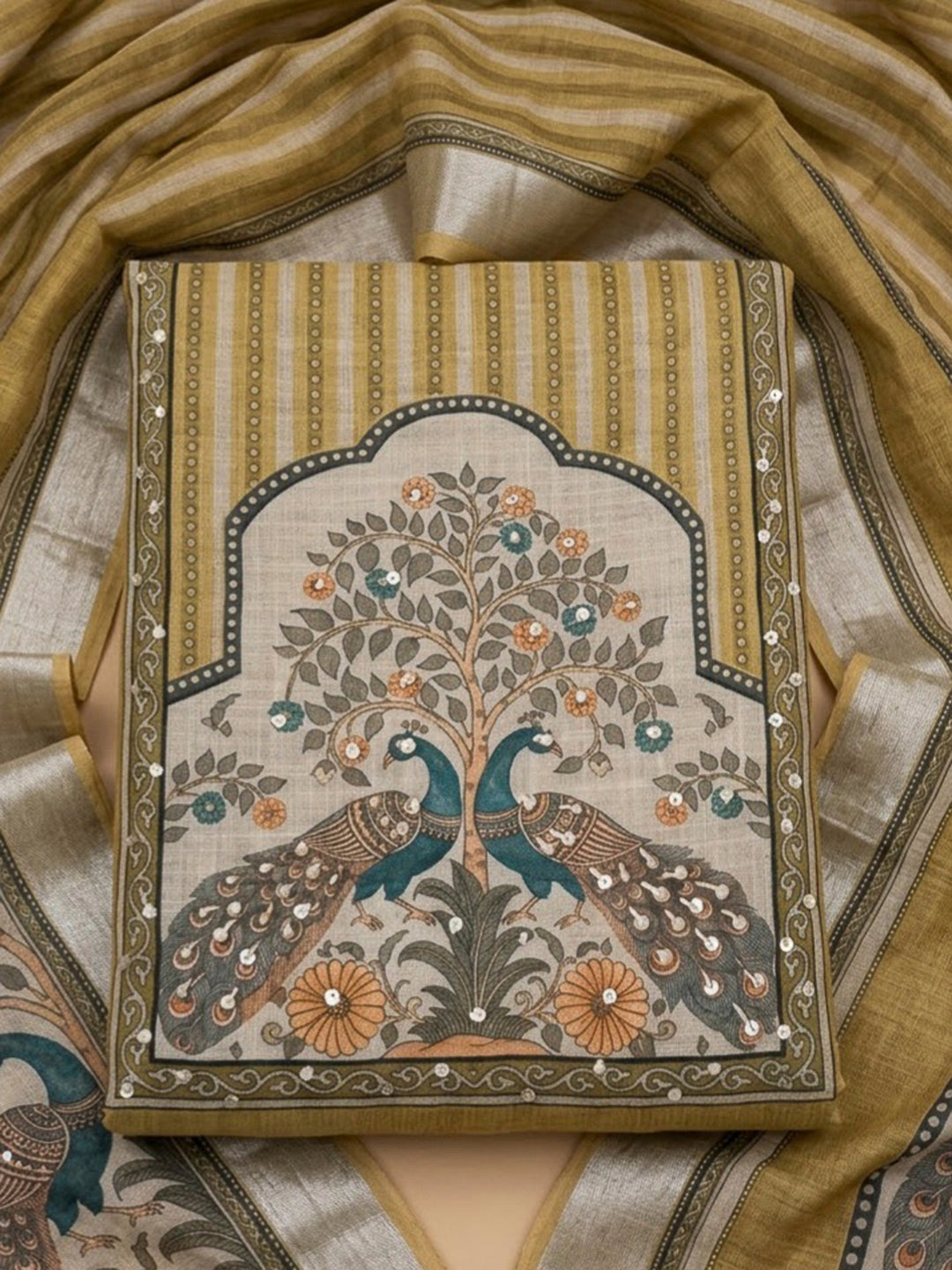 Mehndi Linen Blend Printed Unstitched Dress Material