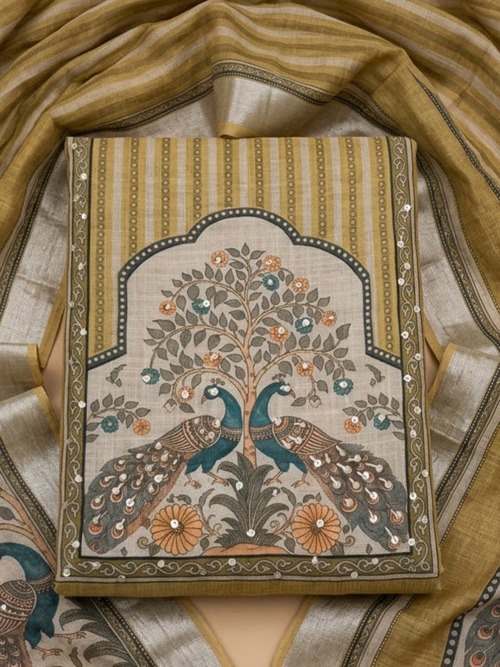 Mehndi Linen Blend Printed Unstitched Dress Material