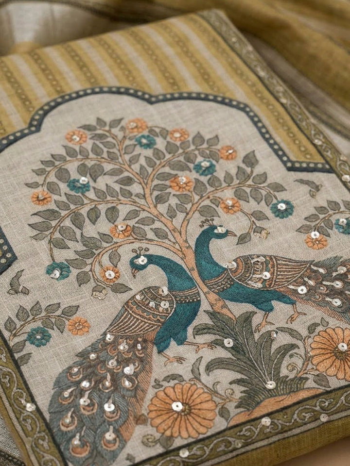Mehndi Linen Blend Printed Unstitched Dress Material