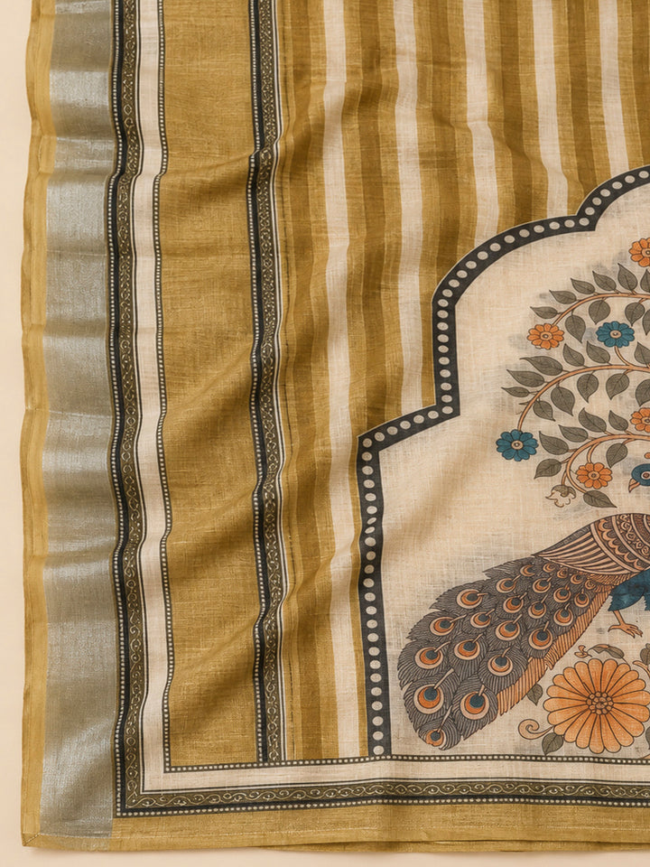Mehndi Linen Blend Printed Unstitched Dress Material