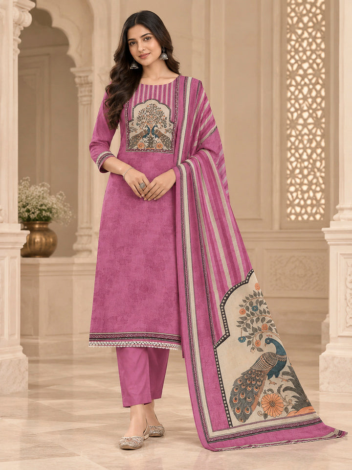 Onion Pink Linen Blend Printed Unstitched Dress Material