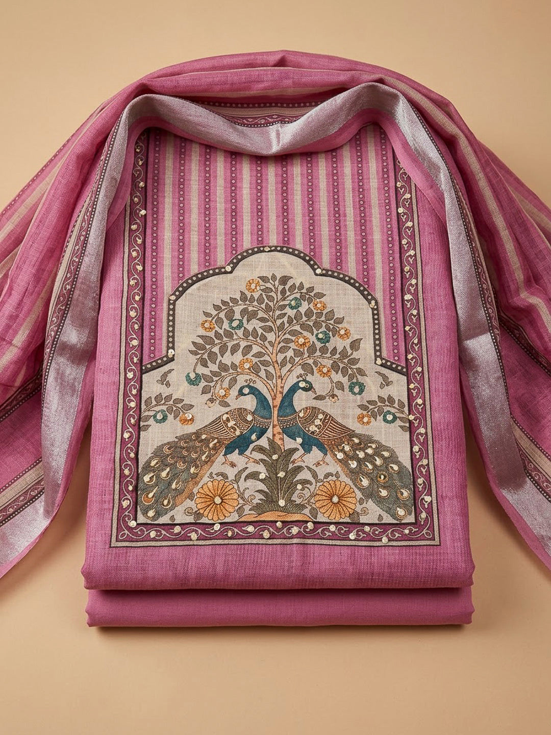 Onion Pink Linen Blend Printed Unstitched Dress Material