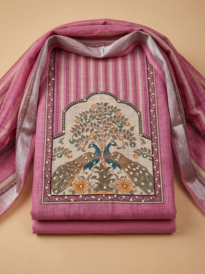 Onion Pink Linen Blend Printed Unstitched Dress Material
