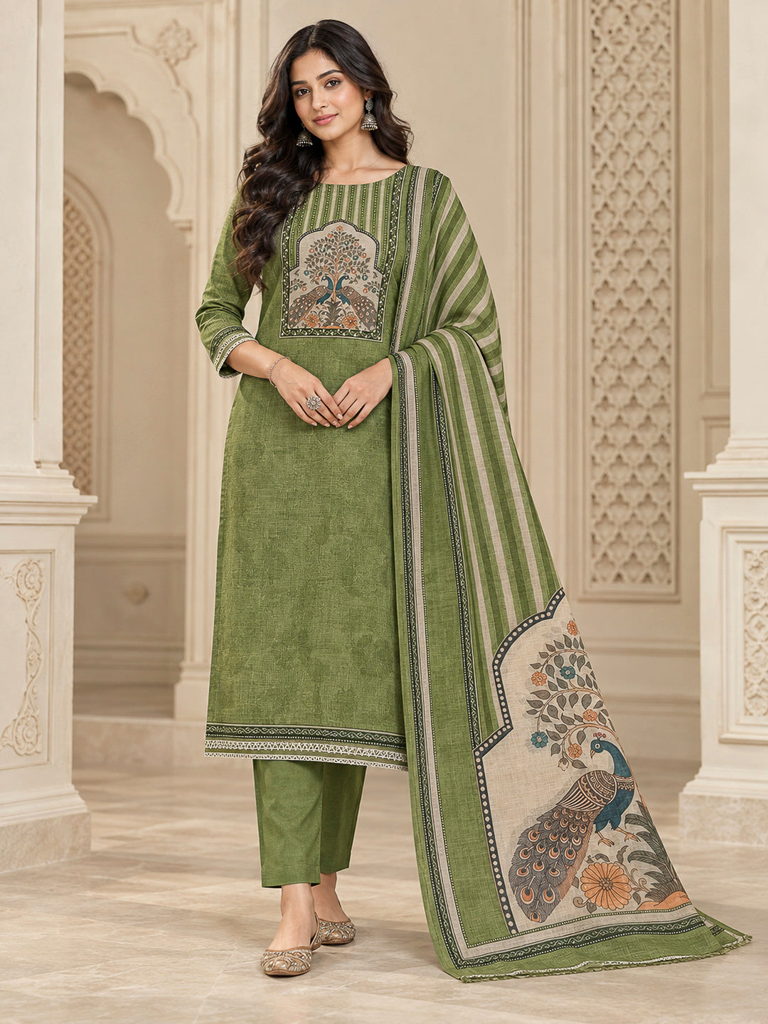 Pista Green Linen Blend Printed Unstitched Dress Material