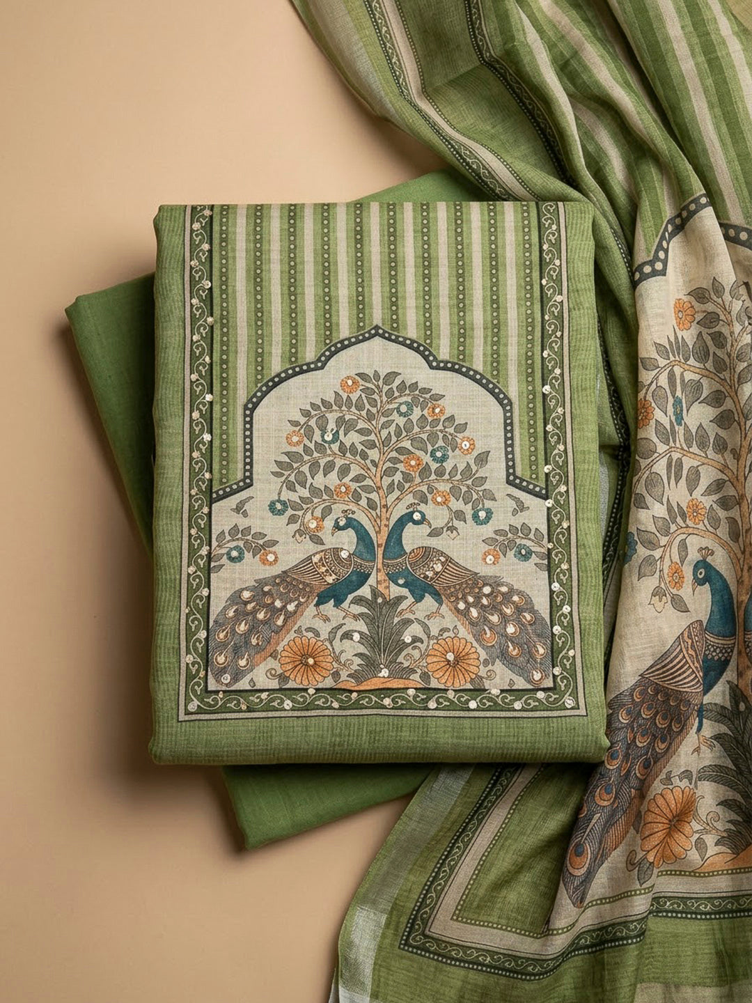 Pista Green Linen Blend Printed Unstitched Dress Material