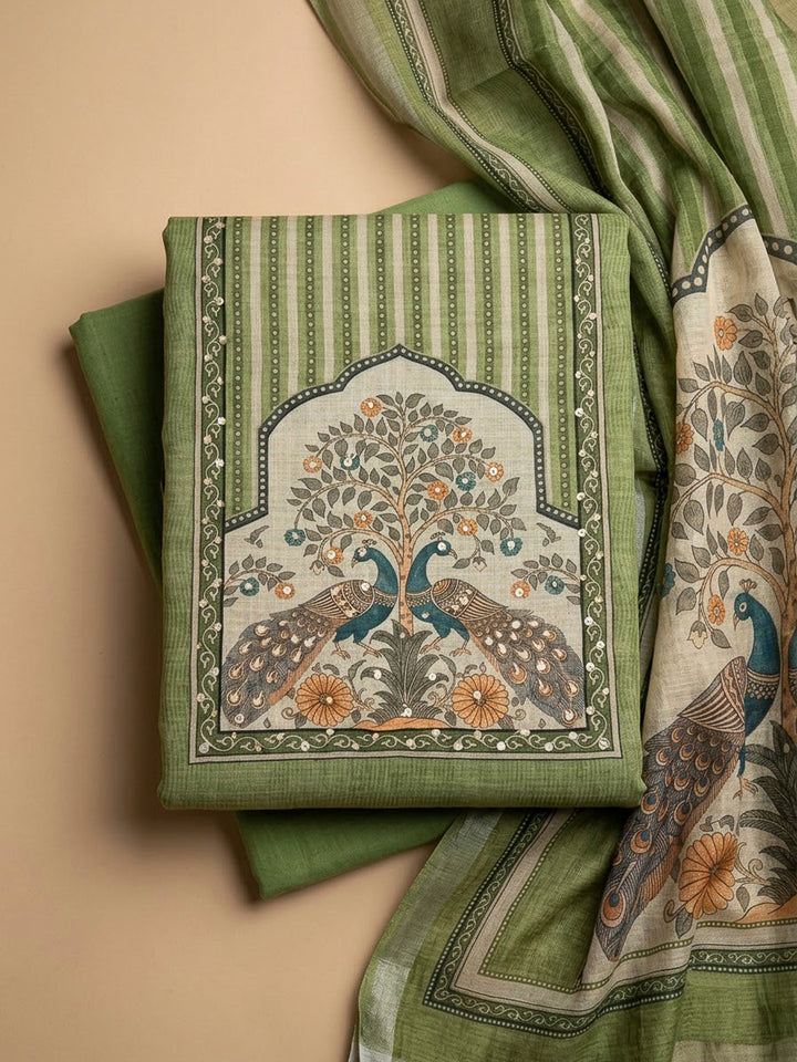 Pista Green Linen Blend Printed Unstitched Dress Material