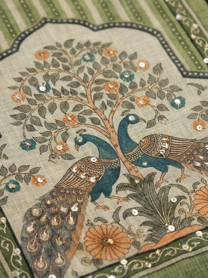 Pista Green Linen Blend Printed Unstitched Dress Material