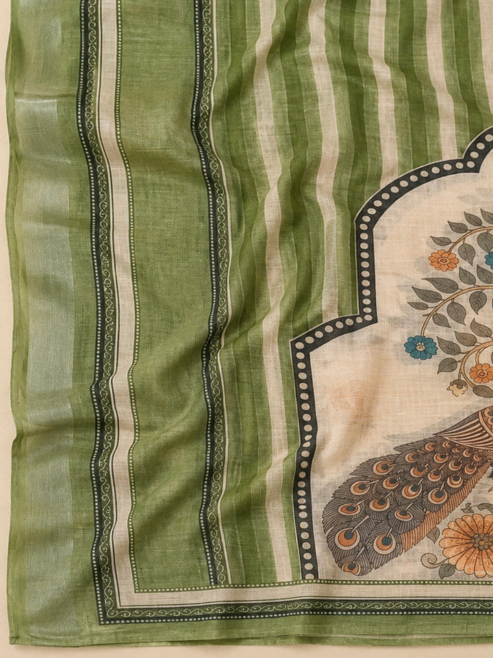 Pista Green Linen Blend Printed Unstitched Dress Material