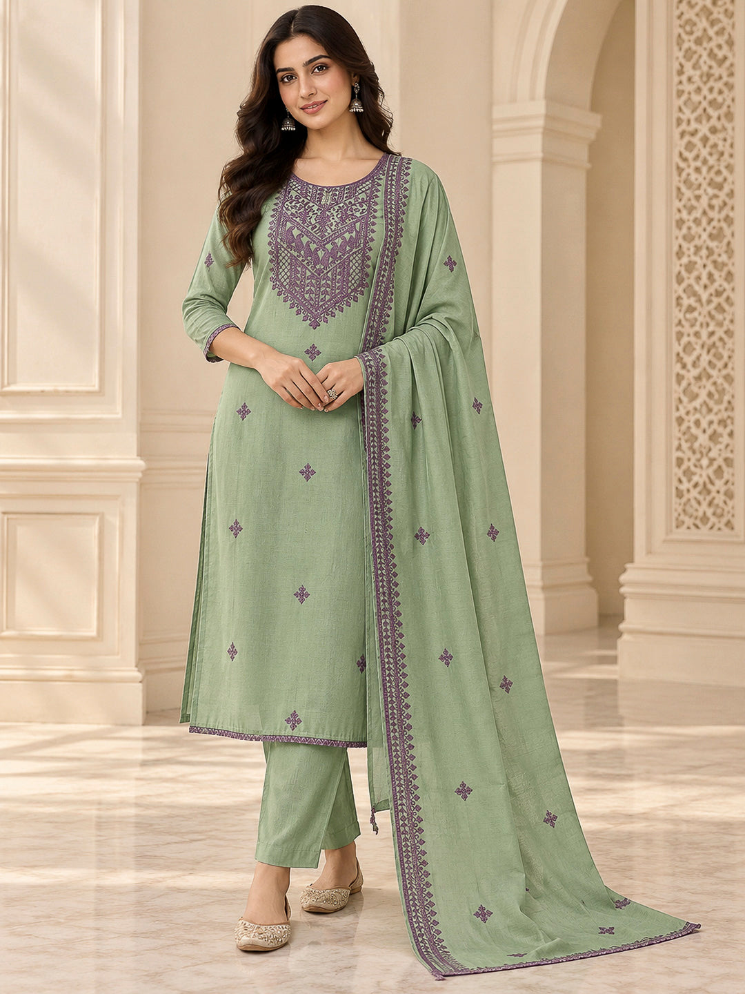 Aqua Green Chanderi Embroidered Unstitched Dress Material