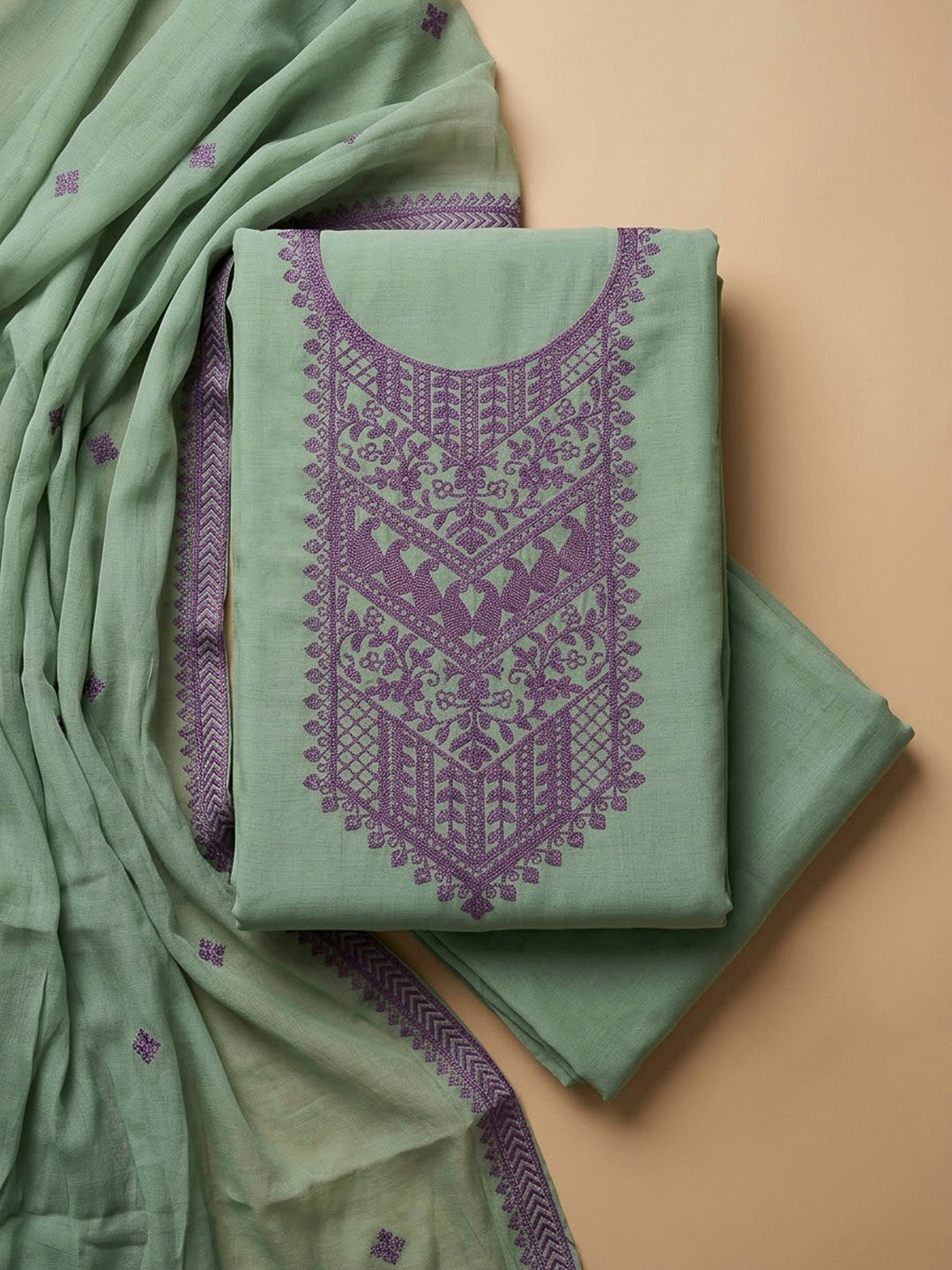 Aqua Green Chanderi Embroidered Unstitched Dress Material