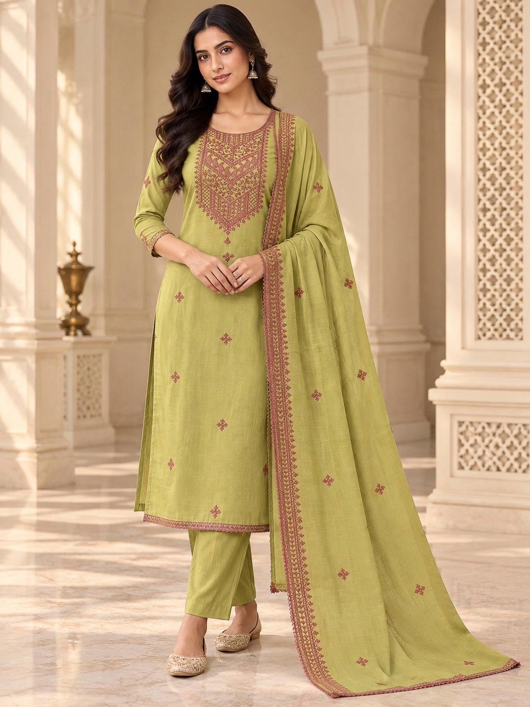 Mehndi Chanderi Embroidered Unstitched Dress Material