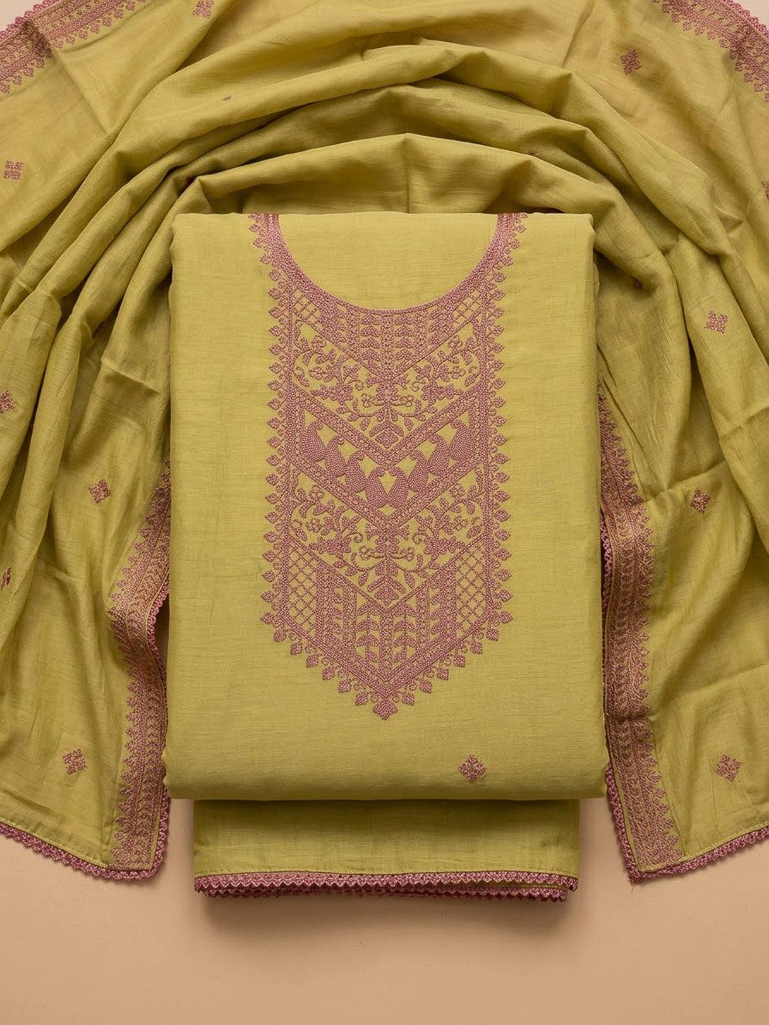 Mehndi Chanderi Embroidered Unstitched Dress Material