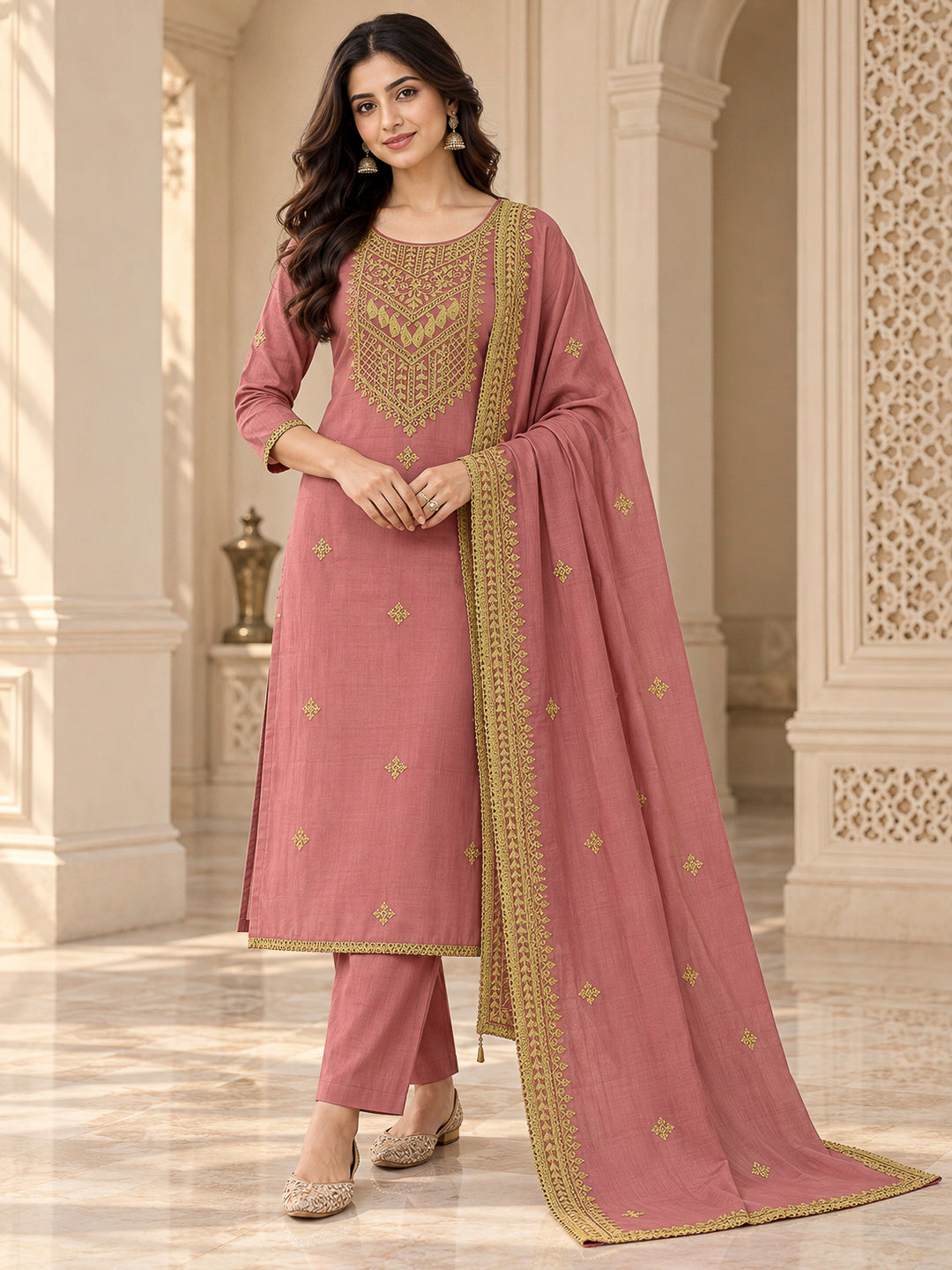 Peach Chanderi Embroidered Unstitched Dress Material