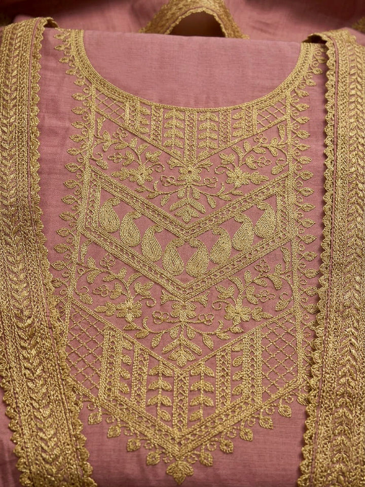 Peach Chanderi Embroidered Unstitched Dress Material