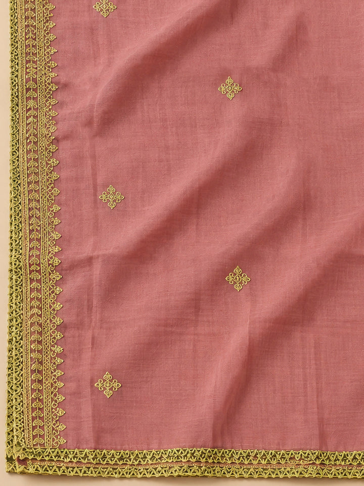 Peach Chanderi Embroidered Unstitched Dress Material