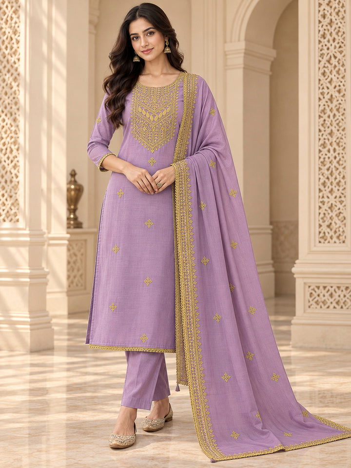 Purple Chanderi Embroidered Unstitched Dress Material