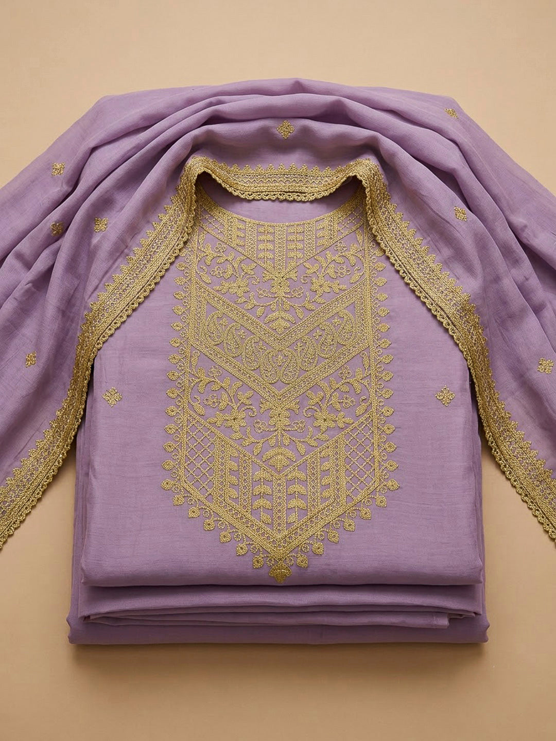 Purple Chanderi Embroidered Unstitched Dress Material