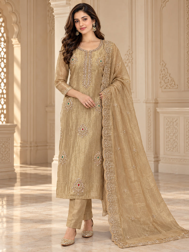 Beige Tissue Embroidered Unstitched Dress Material