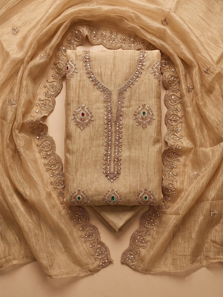 Beige Tissue Embroidered Unstitched Dress Material