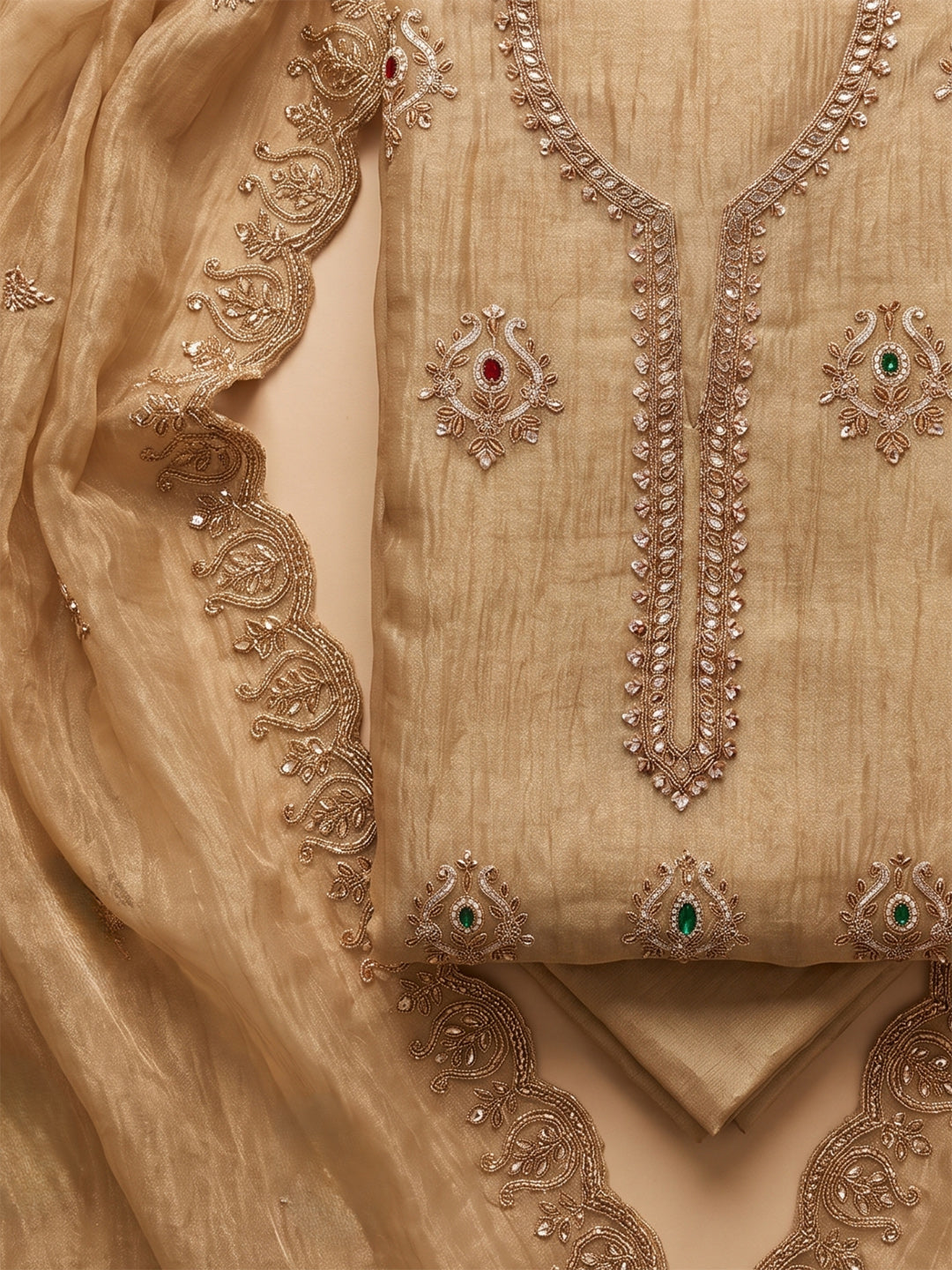 Beige Tissue Embroidered Unstitched Dress Material