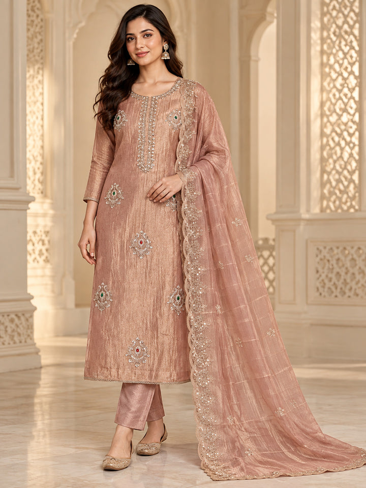 Peach Tissue Embroidered Unstitched Dress Material