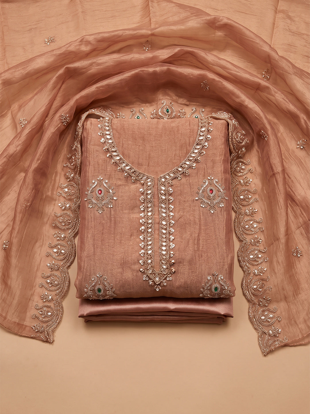 Peach Tissue Embroidered Unstitched Dress Material