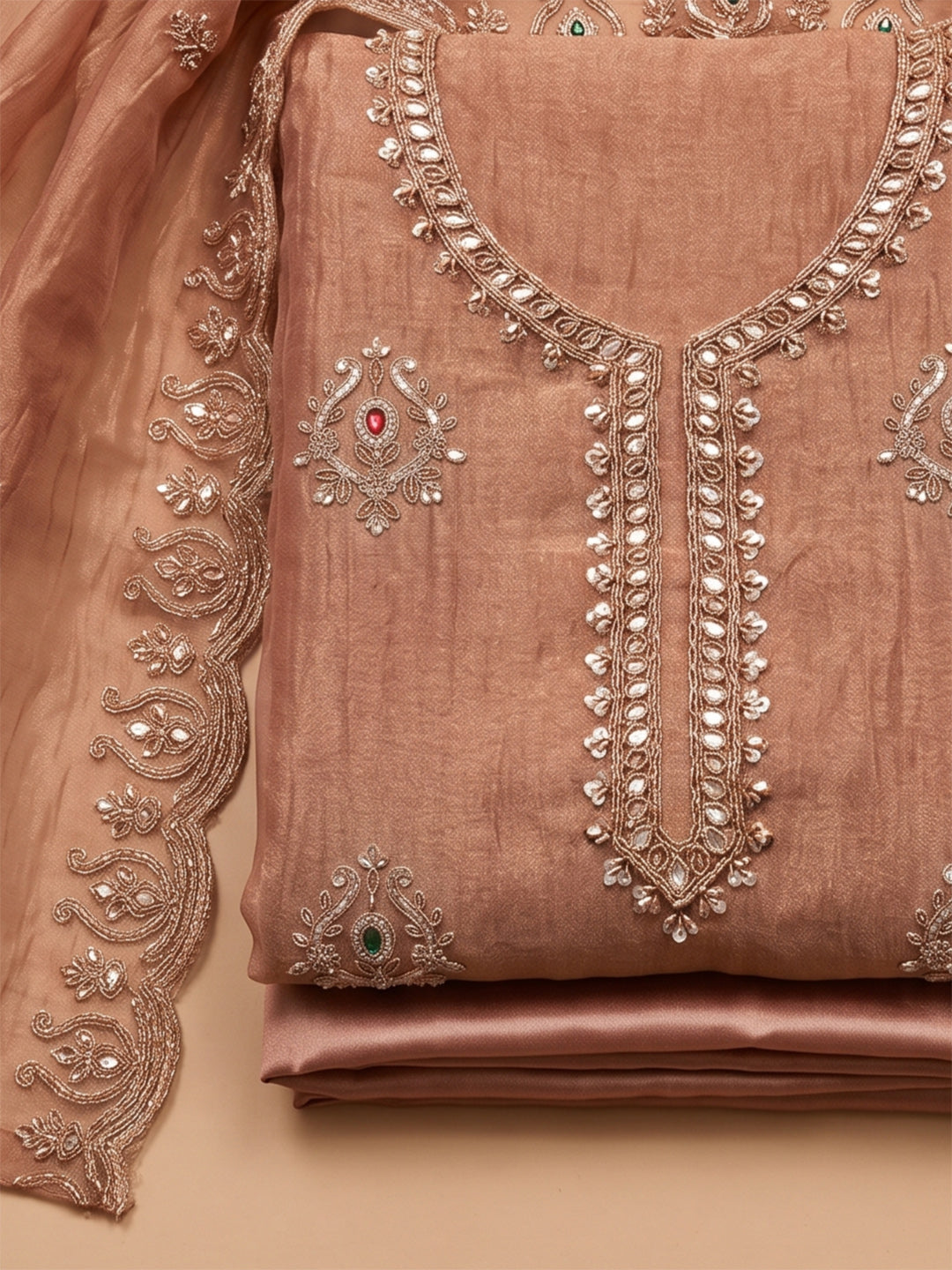Peach Tissue Embroidered Unstitched Dress Material